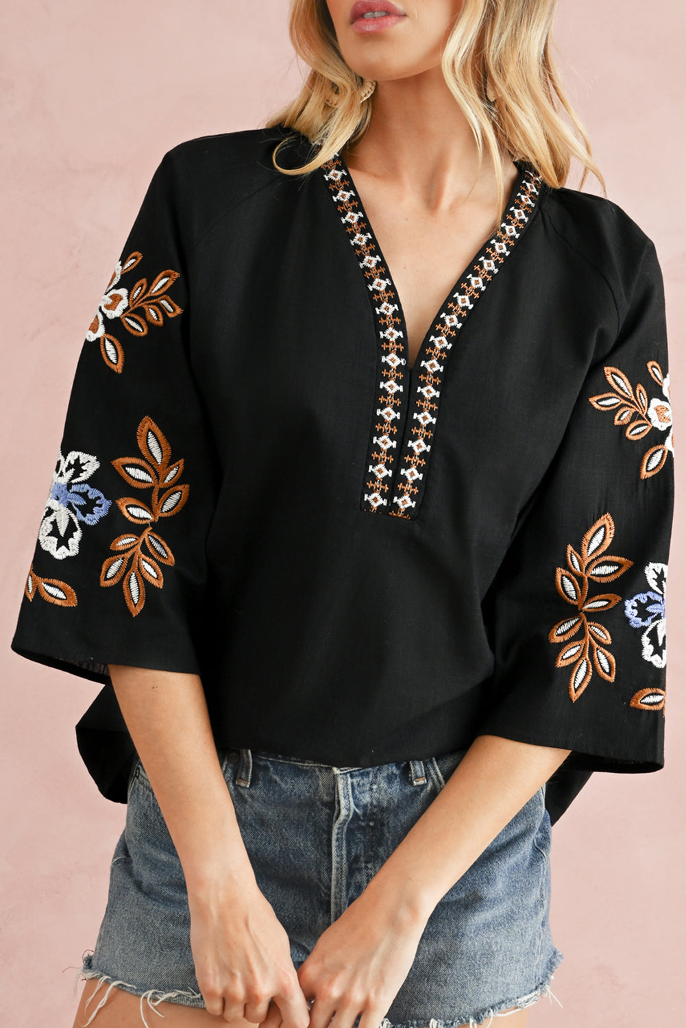 Black Floral Embroidered Sleeve Bohemian V Neck Blouse