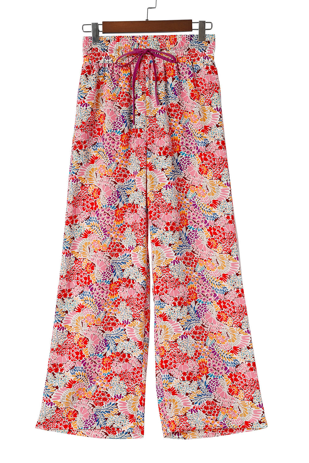 Red Gorgeous Floral Print Drawstring Smocked High Waist Pants