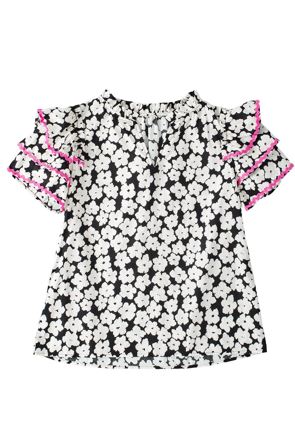 Black Contrast Ric Rac Layered Ruffle Sleeve Floral BlouseMaterial:100%Cotton



		Playful details: This floral blouse features a vibrant print, playful ric rac trim, and romantic layered ruffle sleeves for a touch of whi