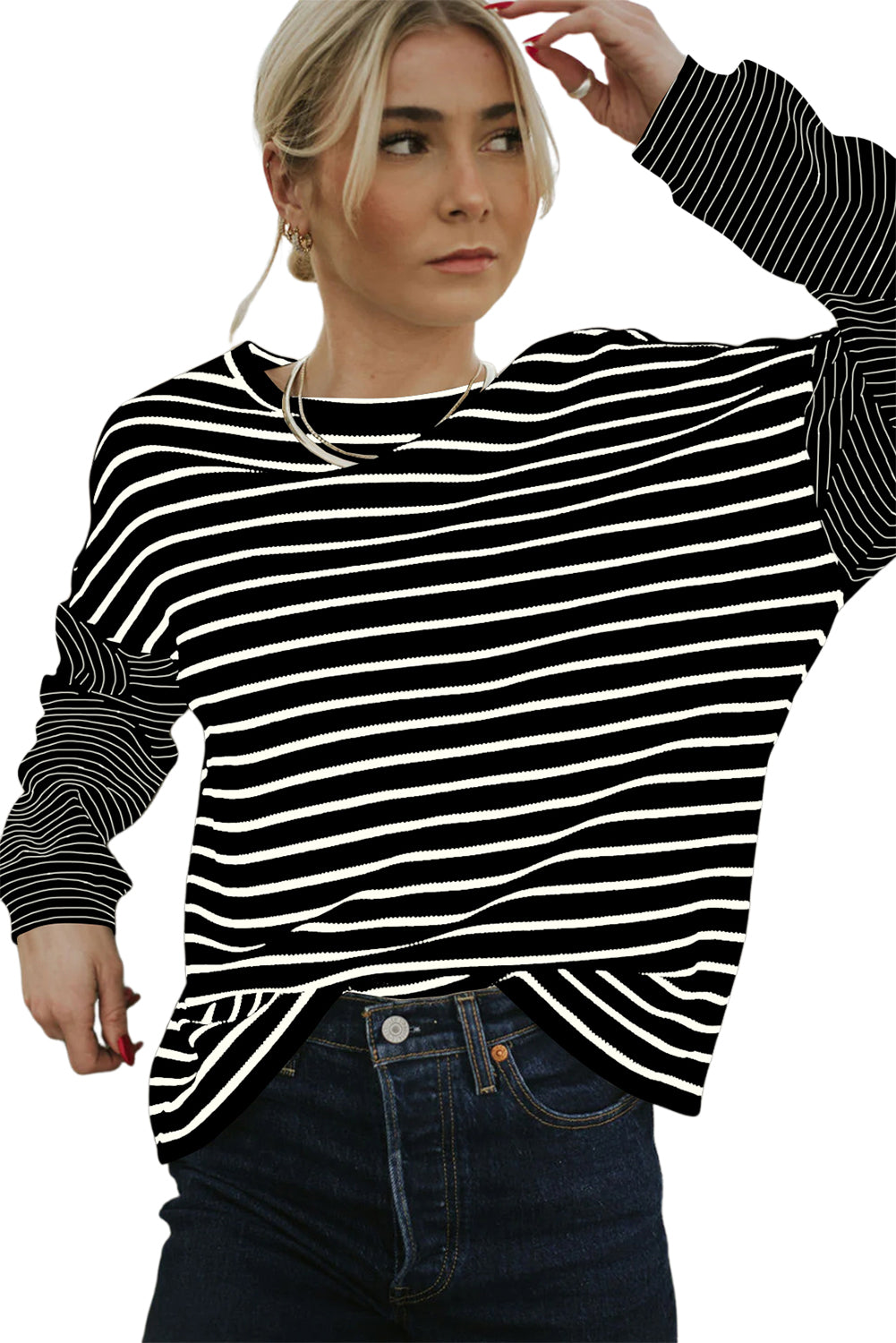 Black Stripe Patchwork Loose Long Sleeve Tee