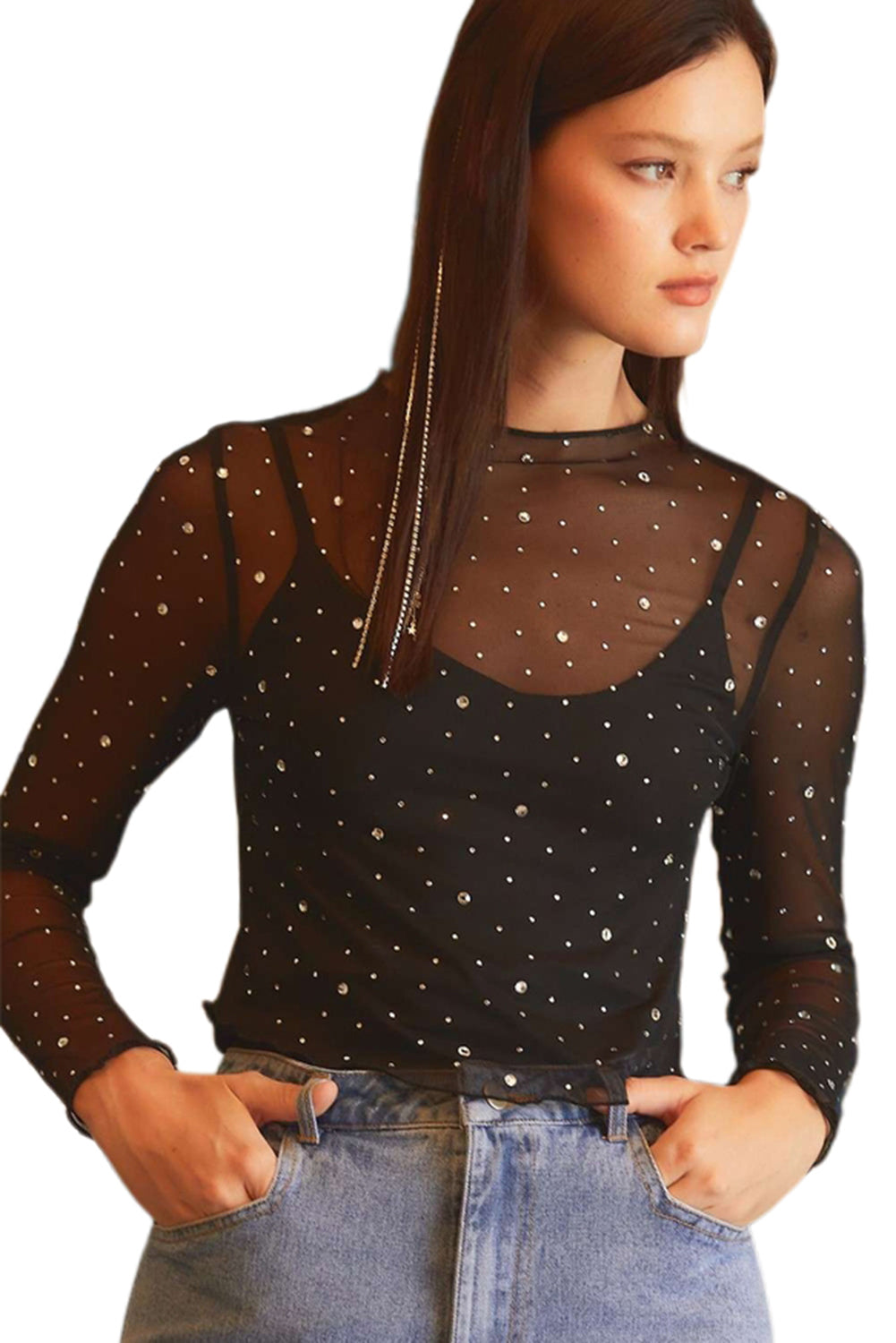 Black Rhinestone Mesh Mock Neck TopMaterial:95%Polyester+5%Elastane



		The top is adorned with rhinestone embellishments. The rhinestones are typically strategically placed to create a dazzling ef