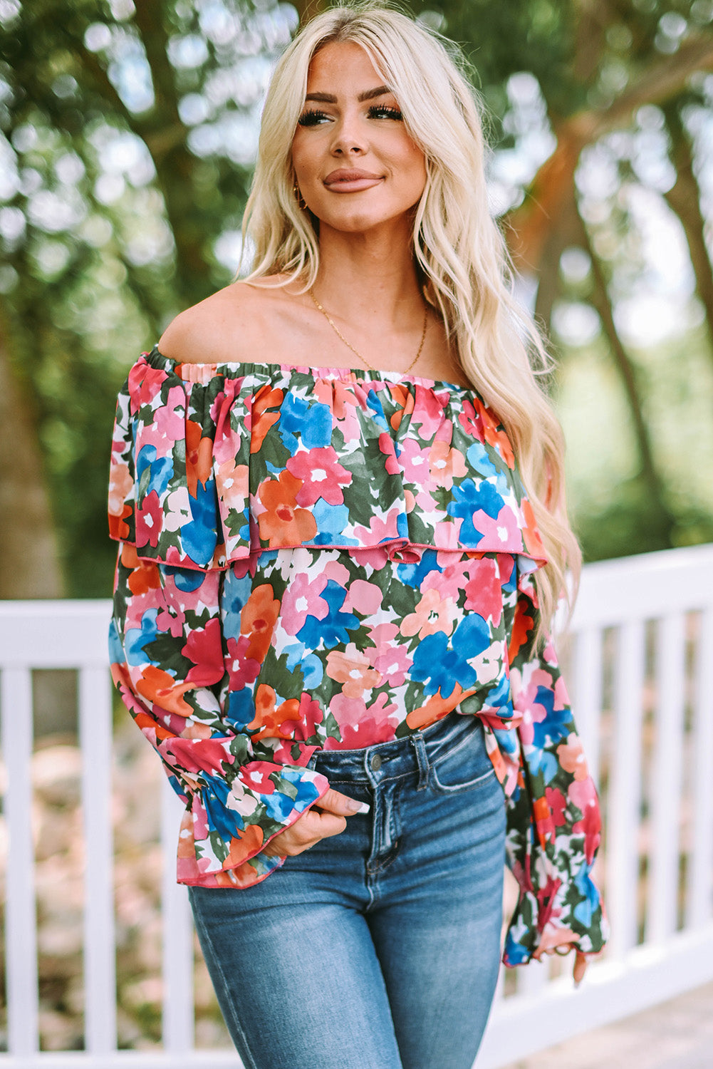 Multicolor Bohemian Floral Print Shirred Ruffle Off Shoulder BlouseMaterial:100%Polyester


	

			This floral print blouse is perfect to change a stylish summer look
		
		
			Featured with off-shoulder, puffy sleeve, and flora