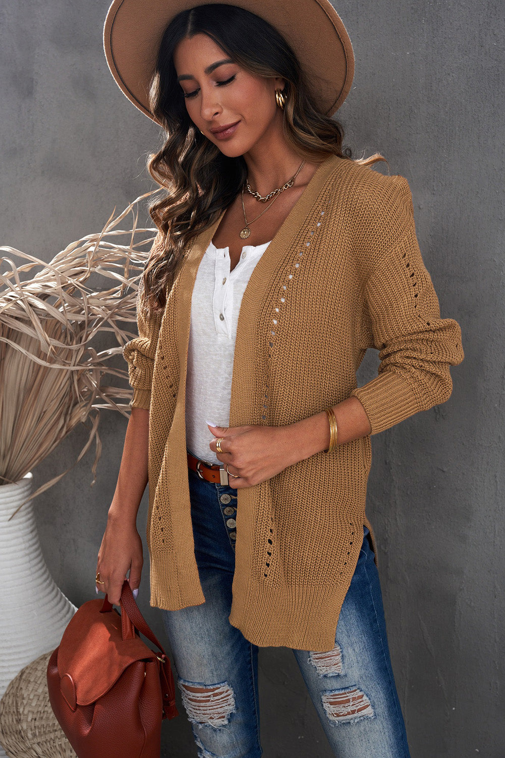 Khaki Fall Long Sleeve Long Cardigan Sweater