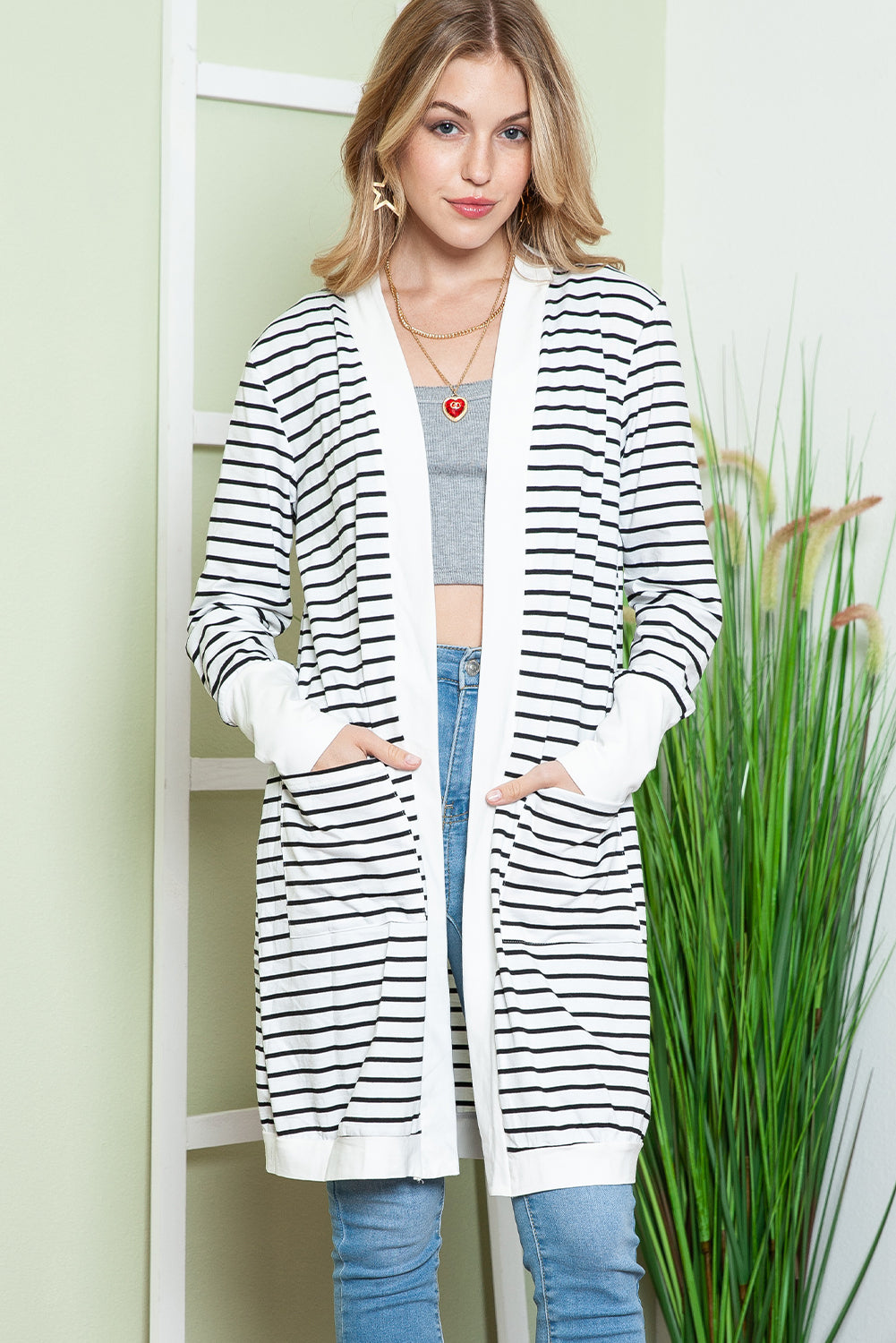 Brown Striped Side Pockets Open Front Long Cardigan