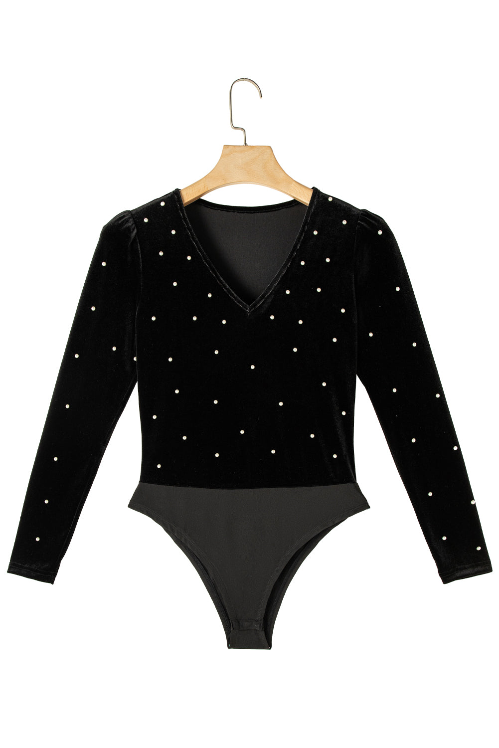 Black Velvet Beaded Long Sleeve V Neck BodysuitMaterial:95%Polyester+5%Elastane

• Radiate elegance in the bodysuit adorned with shimmering pearls, perfect for a night out at the club or a sophisticated cocktail