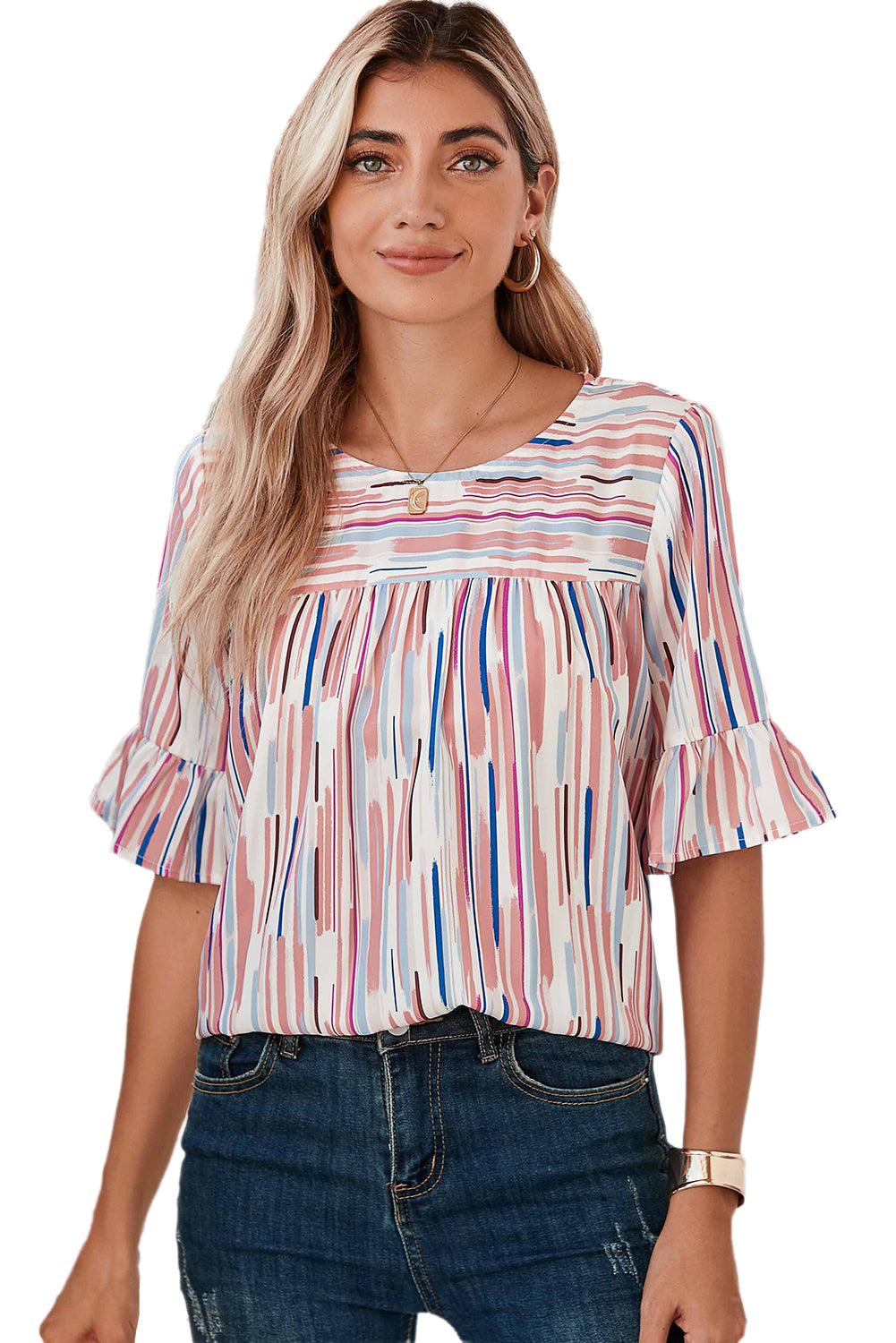 White Abstract Print Ruffle Half Sleeve BlouseMaterial:100%Polyester



		The blouse features a colorblock design, where different colors are strategically placed to create a visually striking contrast. 
	
	