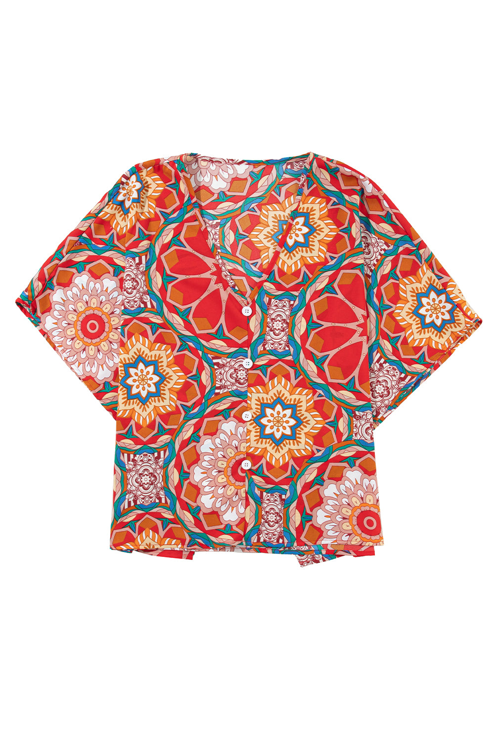 Red Floral Print V Neck Button Decor Batwing BlouseMaterial:100%Polyester



		Flowy floral top: Breezy and comfy with a V-neck and loose batwing sleeves.
	
	
		Button-up floral blouse: Features a flattering V-n