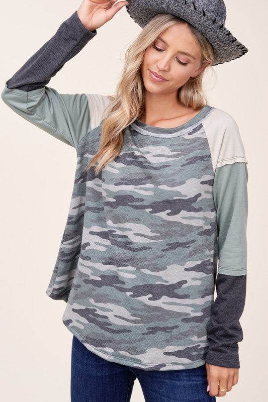 PLUS CAMOUFLAGE COLOR BLOCK TOPFRENCH TERRY CAMOUFLAGE PRINT AND SOLID COLOR BLOCKED LONG SLEEVE ROUND NECK RAW EDGE DETAIL PLUS TOP - MADE IN U.S.A
Style: Casual
Print / Pattern: CAMOUFLAGE PRINT