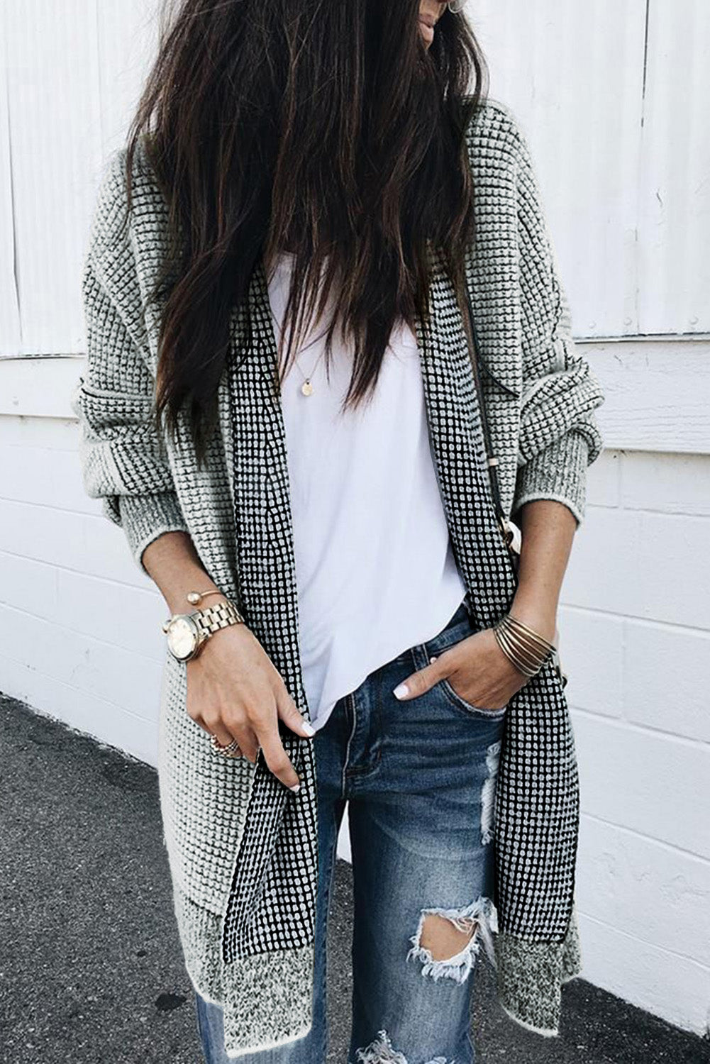 Grey Plaid Contrast Trim Casual Knit Cardigan