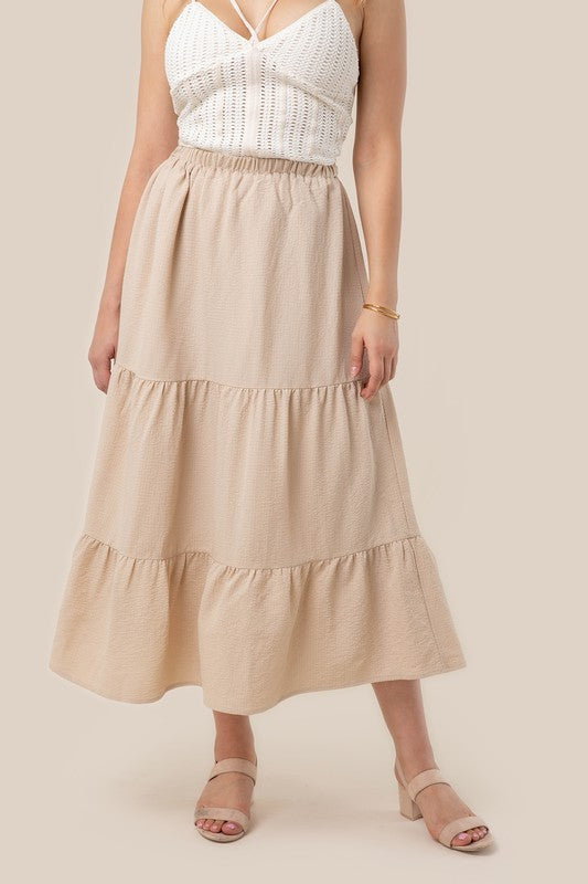 Tiered maxi skirt- Tiered maxi skirt- Pattern type : solid- Stretch : stretch- Sheer : Beige - lined and no see through / Black - not lined, but not very sheer- Care instruction : ma