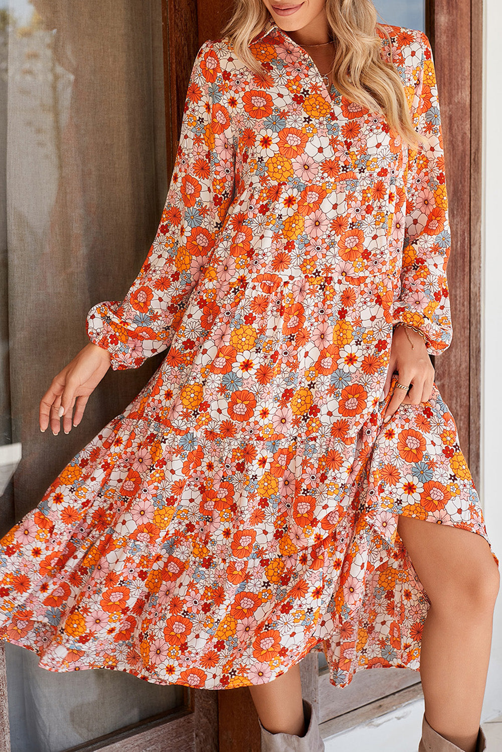 Multicolor Boho Floral Collared Long Sleeve DressMaterial:100%Polyester


	


		The dress is a whimsical and free-spirited dress that showcases a beautiful array of multicolor floral patterns.
	
	
		The coll