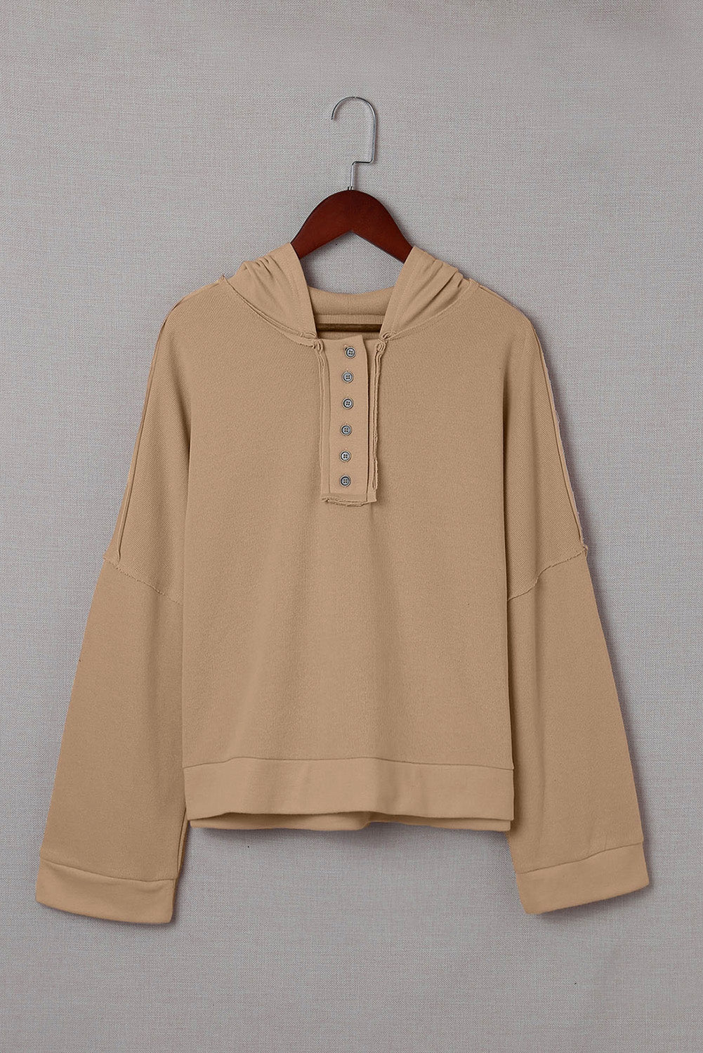 Khaki Solid Color Casual Button Seam Trim Hoodie