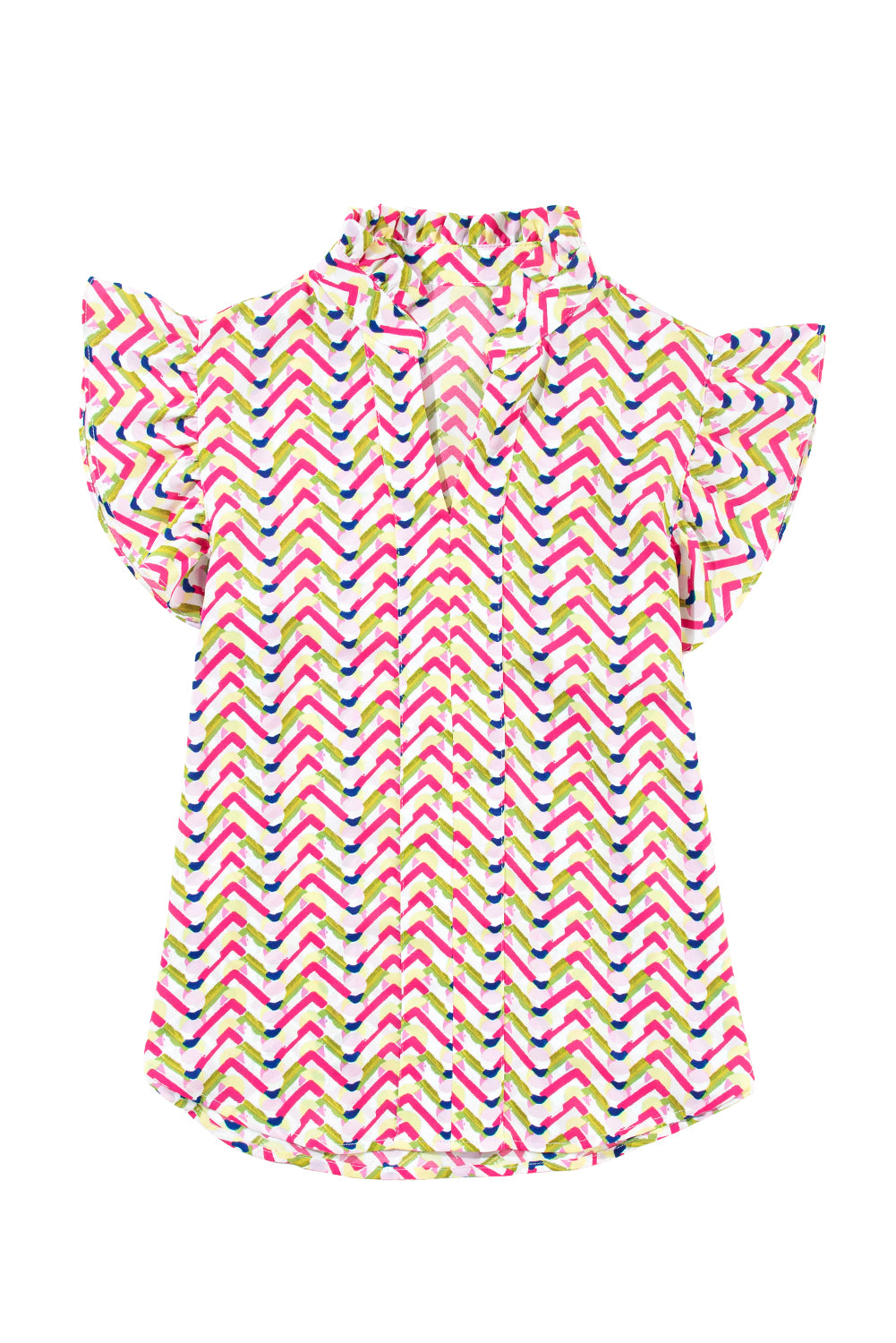 Multicolor Chevron Print Frill V Neck Ruffle BlouseMaterial:100%Polyester



		Be a style icon in this printed blouse
	
	
		This stylish top is featured with chevron print all over
	
	
		It has a ruffled notc