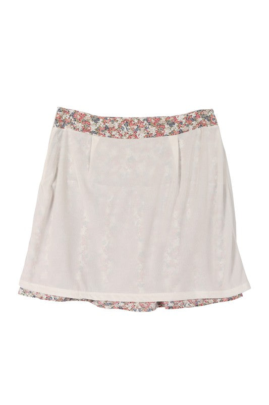 Tierd floral skirt - bottom*Multi pink floral shirred waist layered ruffle hem skirt*Pattern type : floral print*Stretch : no stretch*Sheer : not lined, but not sheer*Care instruction : machin