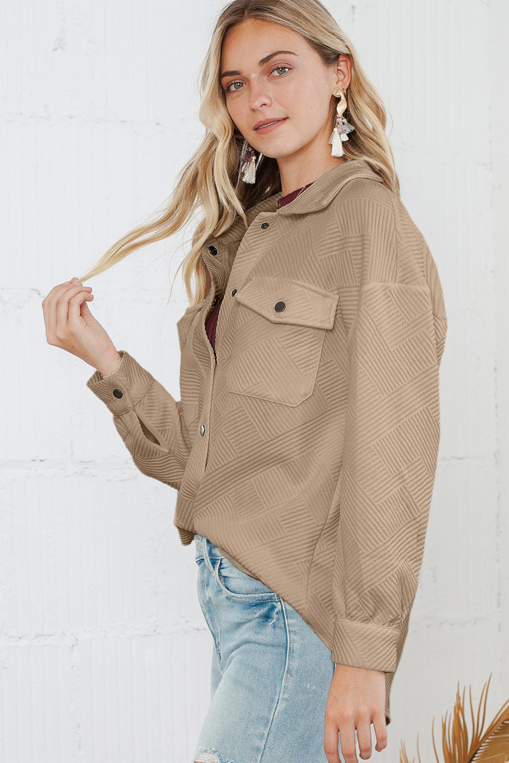 Khaki Solid Textured Flap Pocket Buttoned Shacket