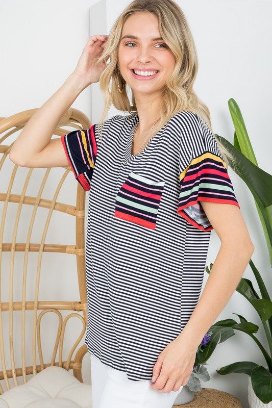 PLUS MULTI STRIPE BOXY TOP- Plus multi stripe boxy top- Pullover short sleeves- V neck chest pocket- Multi stripe jersey - 1X/2X/3X 2-2-2- 95% RAYON, 5% SPANDEX- MADE IN U.S.A
Style: Casual
P