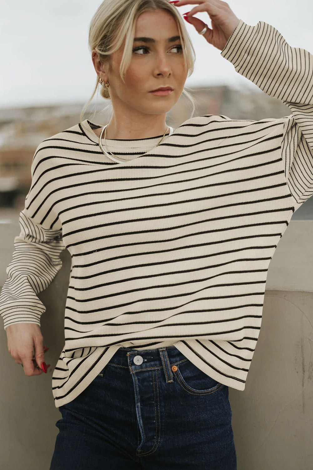 Black Stripe Patchwork Loose Long Sleeve Tee