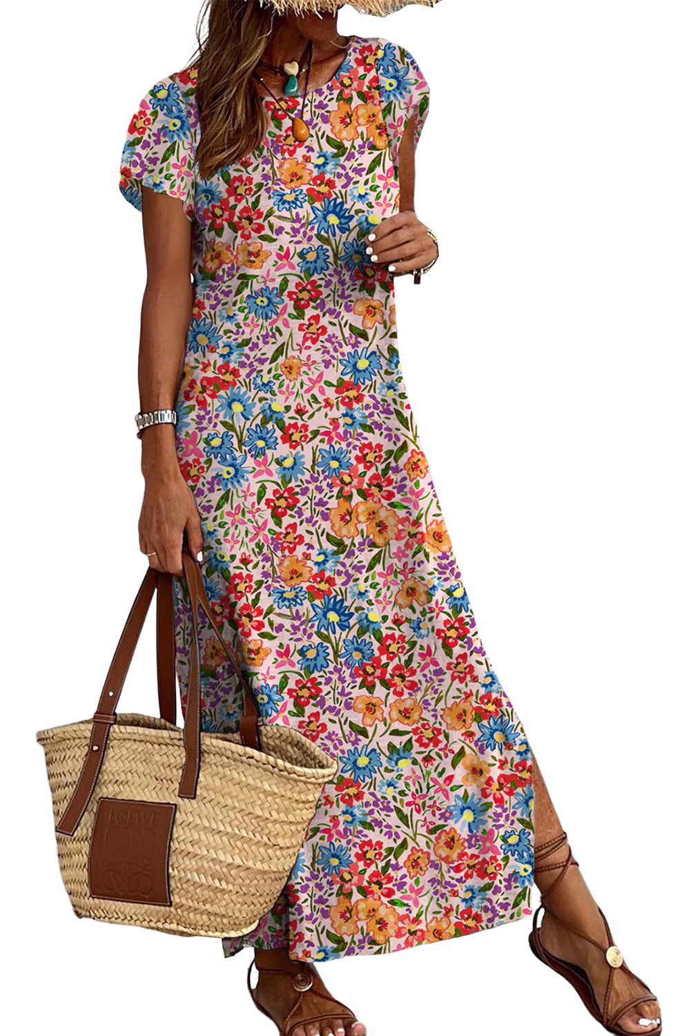 Multicolor Floral Print Ruffle Sleeves Open Back Maxi DressMaterial:95%POLYESTER+5%ELASTANE



		This stunning maxi dress features a colorful floral print that's perfect for summer. 
	
	
		The ruffle sleeves add a playf