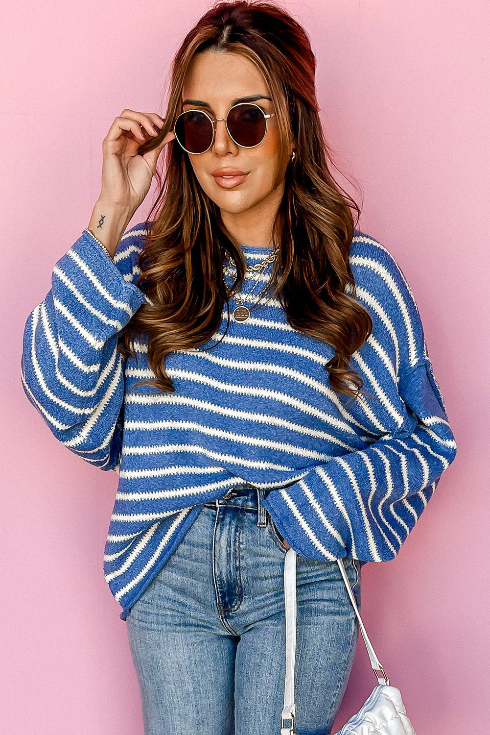 Sky Blue Striped Drop Shoulder Plus Size Sweater