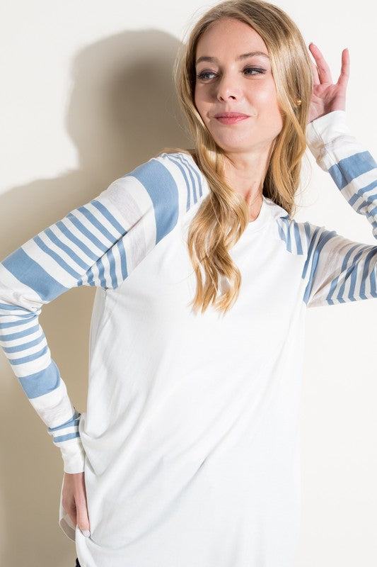 PLUS ENGINEERING STRIPE MIXED TOPPLUS ENGINEERING STRIPE AND SOLID MIXED LONG SLEEVE ROUND NECK TOP-ENGINEERING STRIPE AND SOLID JERSEY MIXED-LONG SLEEVE ROUND NECK-BASEBALL CASUAL PLUS TOP-95% RAYO