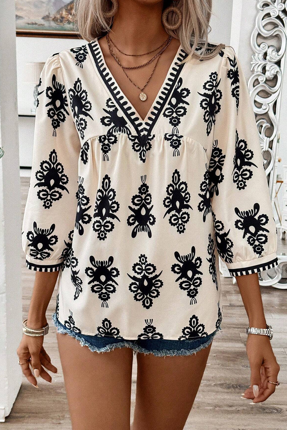 Beige Ethnic Abstract Print Puff Sleeve V Neck Blouse