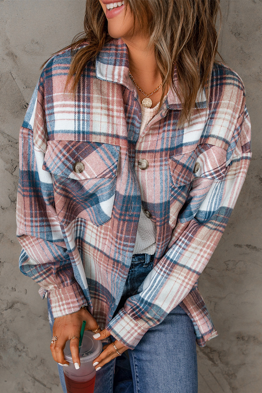 Grey Plaid Button Up Collared Flannel Shacket