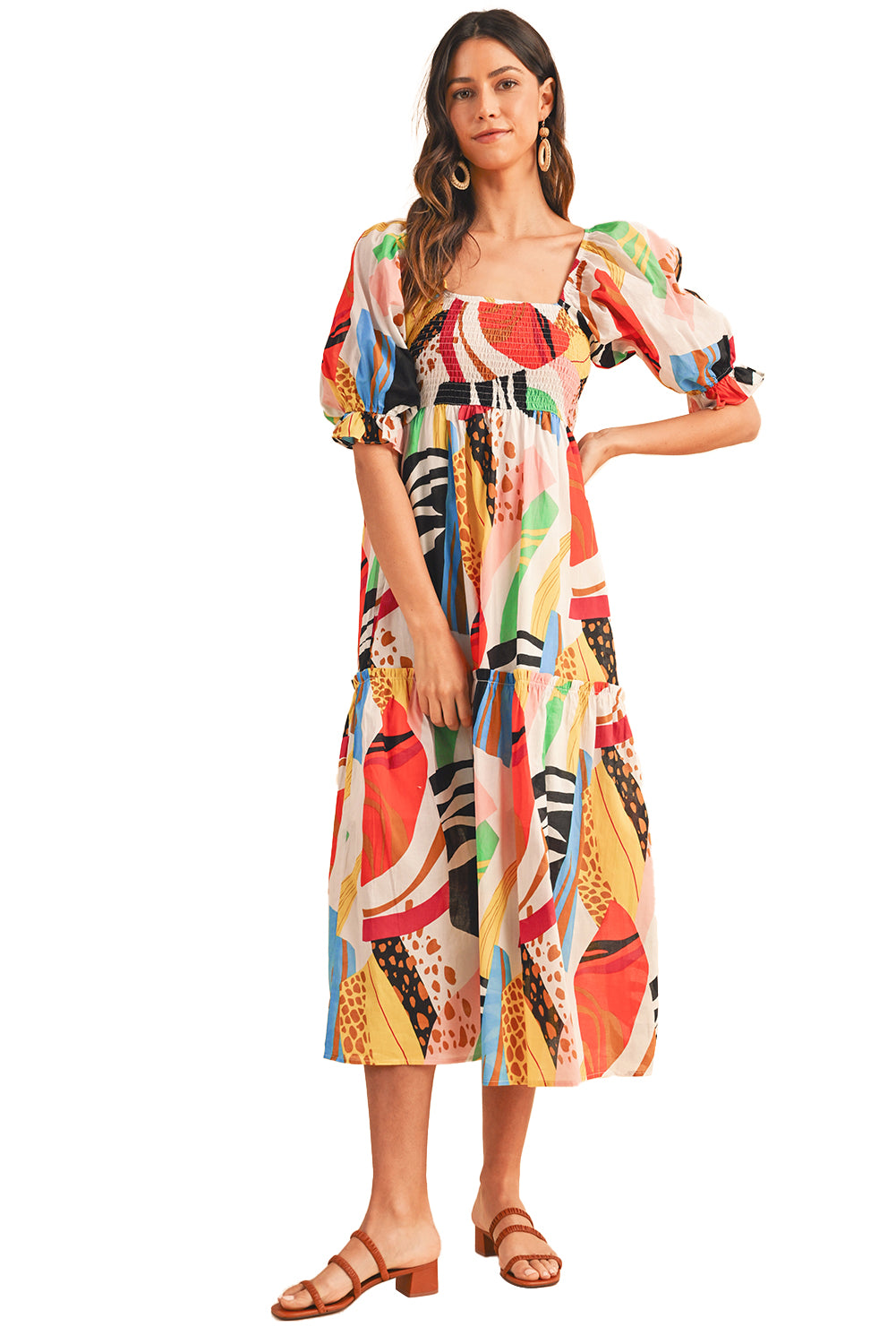 White Square Neck Smocked Abstract Print Boho Maxi DressMaterial:100%Cotton



		Eye-catching abstract print adds a boho-chic vibe to any outfit
	
	
		Smocked bodice for a flattering and comfortable fit
	
	
		Squa