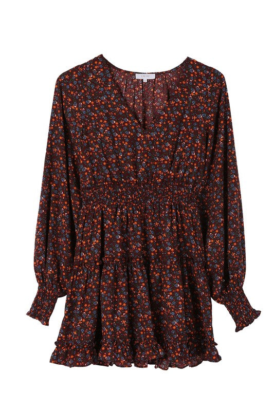 Ditsy floral mini dress- Ditsy floral mini dress- Pattern type : ditsy floral pattern- Neck line : V neck- Sleeve type : regular sleeves- Sleeve length : long sleeves- Stretch : no stretch