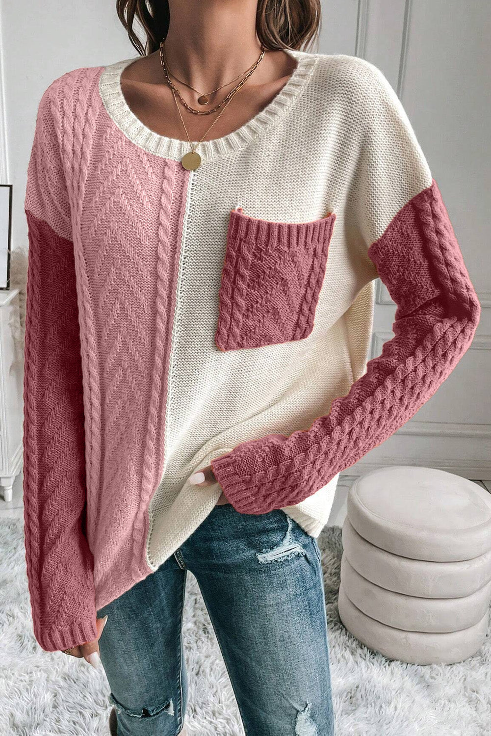 Gold Flame Colorblock Pocket Drop Shoulder SweaterMaterial:65%Acrylic+35%Polyamide

• Elevate your casual style with the sweater, featuring a unique patchwork design that adds a modern twist to your wardrobe.
• St