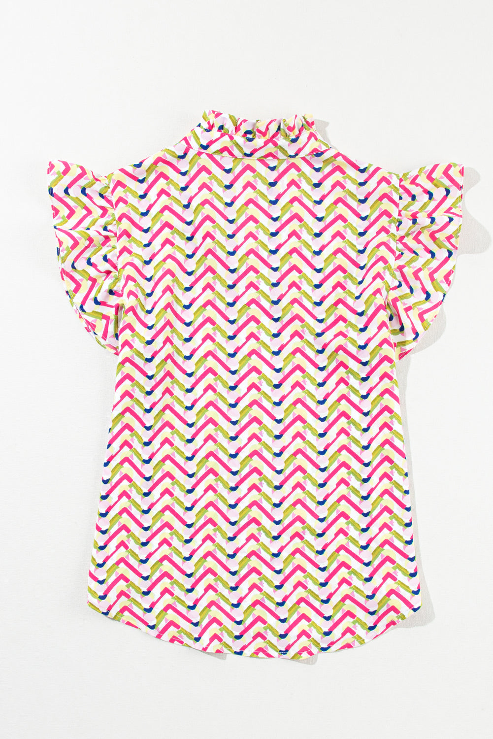 Multicolor Chevron Print Frill V Neck Ruffle BlouseMaterial:100%Polyester



		Be a style icon in this printed blouse
	
	
		This stylish top is featured with chevron print all over
	
	
		It has a ruffled notc