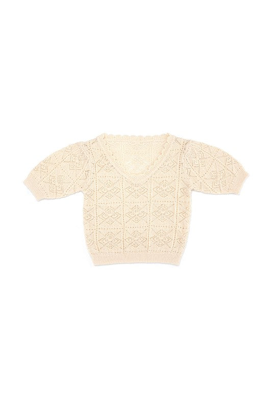 Crochet knit top- Crochet knit top- Pattern type : solid- Neck line : scallop V neck- Sleeve type : puff sleeves- Sleeve length : short sleeves- Stretch : stretch- Sheer : sheer due