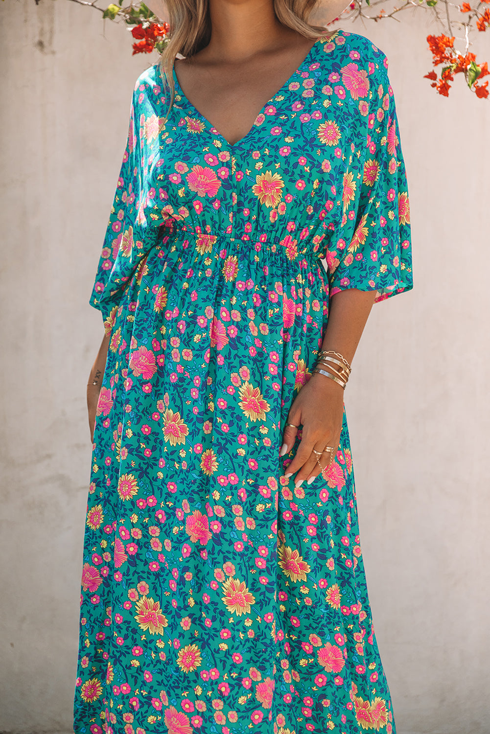 Floral Print Deep V Neck Flutter Sleeve Boho Maxi Dress