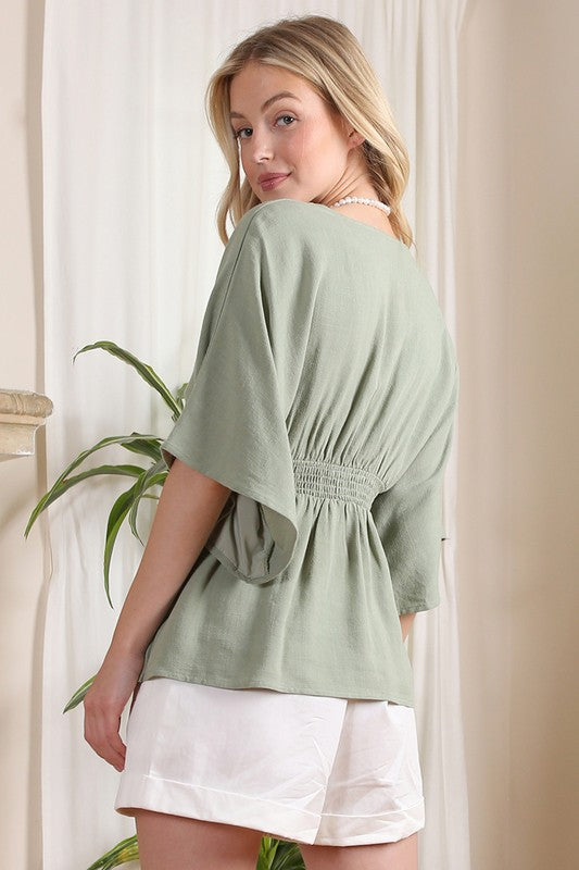 SS deep V neck button down top*Deep V neckline button down blouse with draped sleeves*Pattern type : solid* Color : sage*Neck line : V neck*Sleeve type : kimono sleeves*Sleeve length : short slee