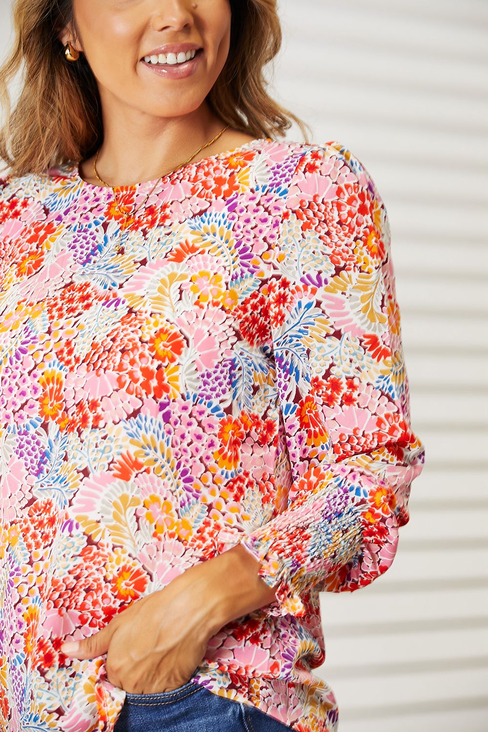 Double Take Floral Print Long Puff Sleeve BlouseElevate your everyday style with this Floral Print Long Puff Sleeve Blouse. The romantic floral print and voluminous puff sleeves add a touch of elegance and sophist