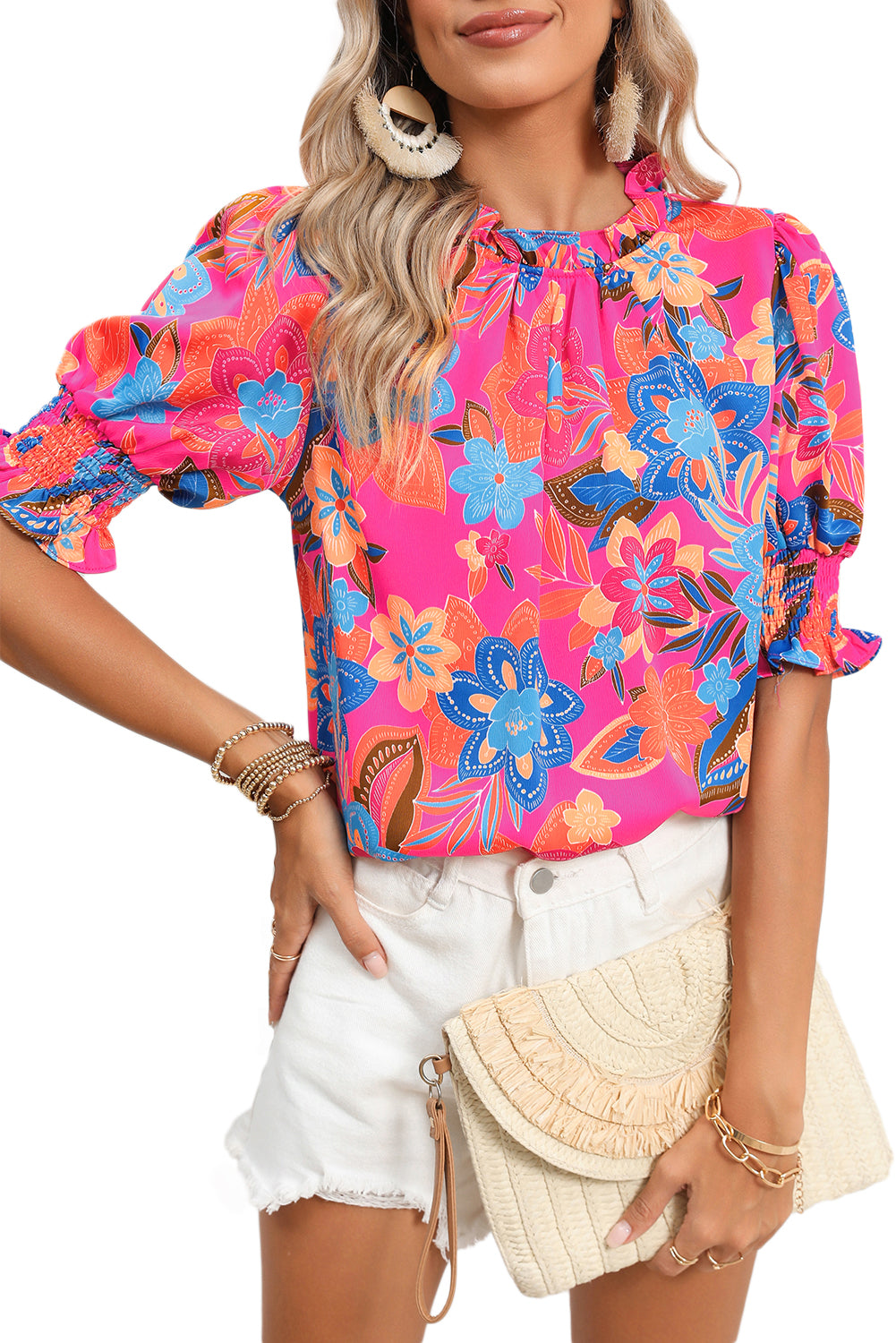 Rose Frill Neck Puff Sleeve Boho Floral BlouseMaterial:97%Polyester+3%Elastane



		The blouse features a charming bohemian floral print, adding a touch of femininity and boho flair to your outfit.
	
	
		Wi