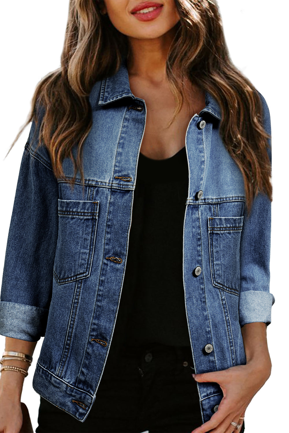 Dark Blue Washed Oversized Pocketed Denim JacketMaterial:75%Cotton+25%Polyester

• Classic dark blue denim jacket with a washed finish for a trendy, worn-in look that's perfect for casual outings or layering over