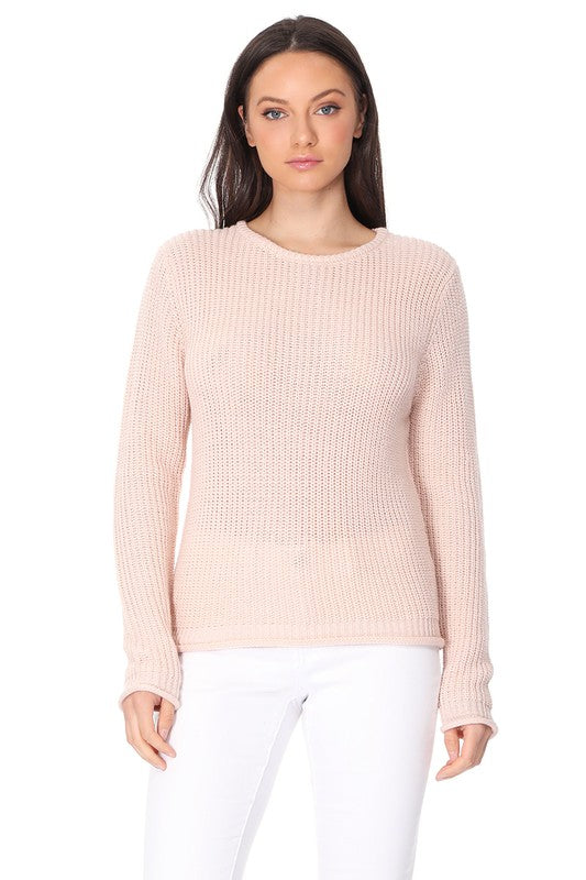 Light Weight Waffle Knit Rollup Finish Sweater Top- 22-24" Length, Wide Hem.- Light Weight, Hacci Stitch Sweater Top- Long Sleeve, and Clean Rolling Finish at Sleeve and Bottom Hem- Wonderful Light Sweater Top for S