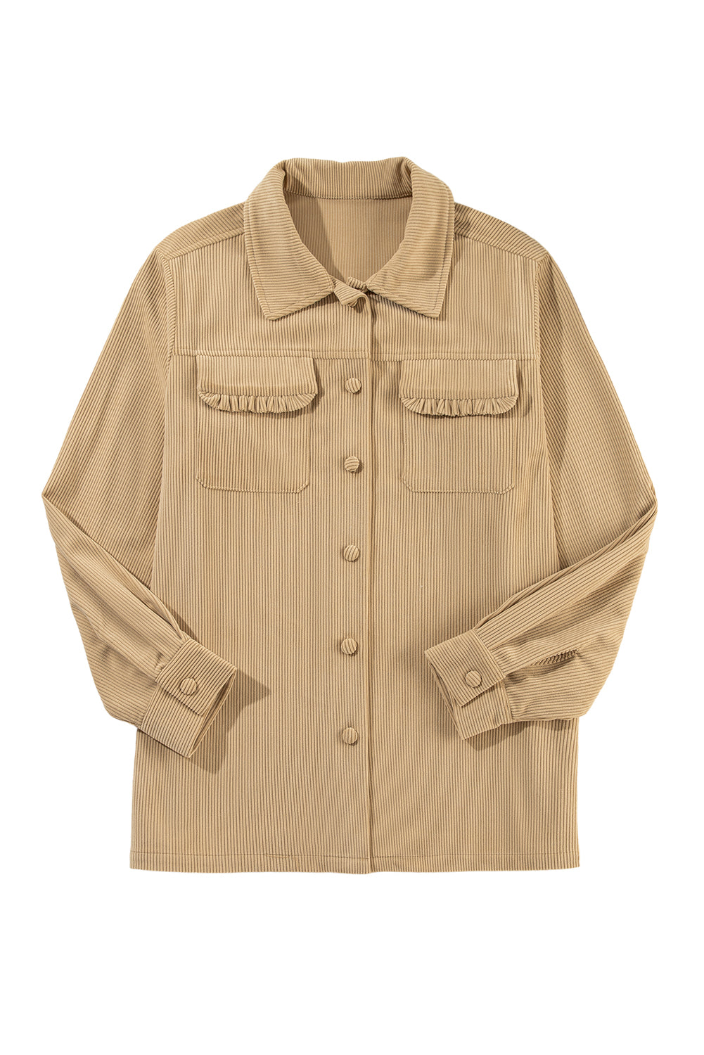 Light French Beige Corduroy Frilled Flap Pocket Button Up Shacket