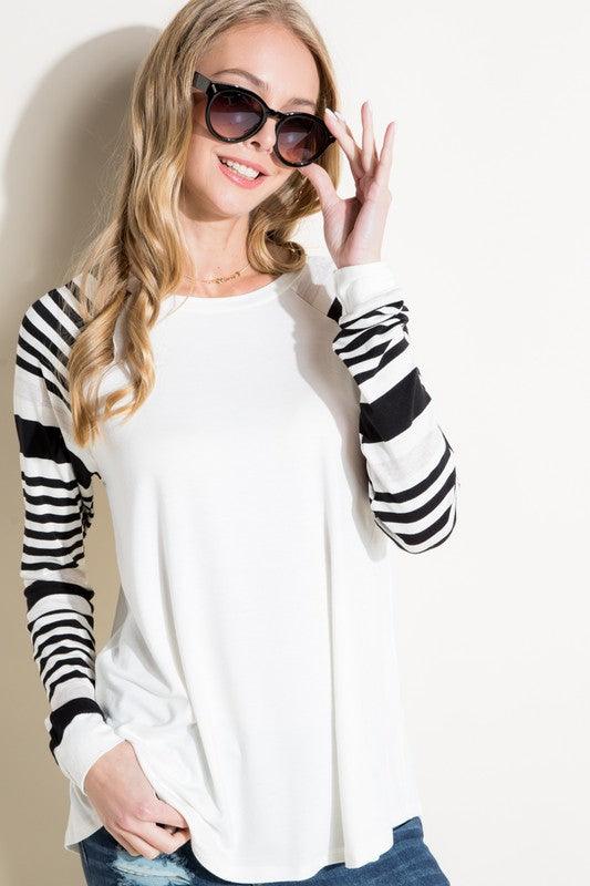 PLUS ENGINEERING STRIPE MIXED TOPPLUS ENGINEERING STRIPE AND SOLID MIXED LONG SLEEVE ROUND NECK TOP-ENGINEERING STRIPE AND SOLID JERSEY MIXED-LONG SLEEVE ROUND NECK-BASEBALL CASUAL PLUS TOP-95% RAYO