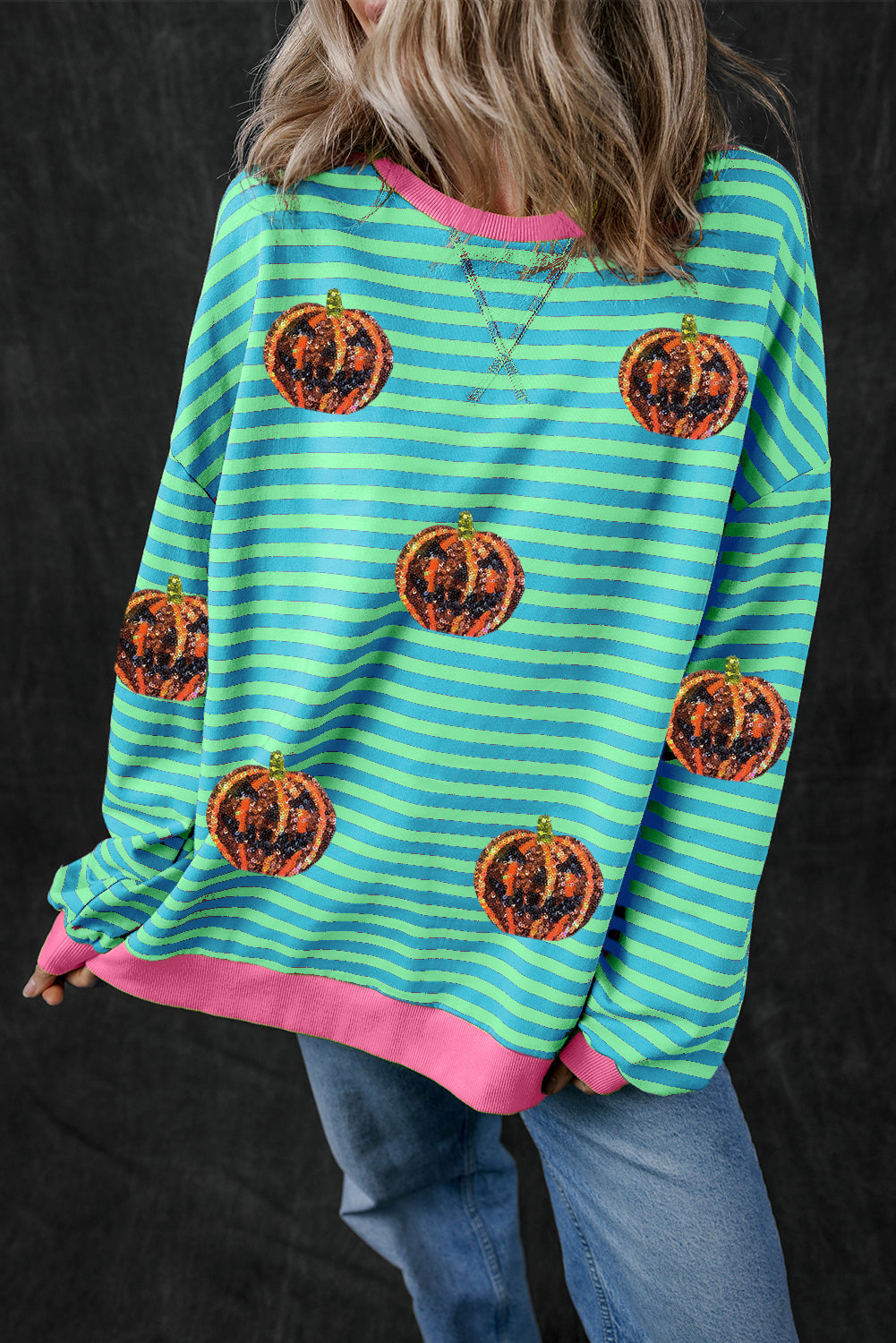 Green Stripe Funny Halloween Pumpkin Pattern Oversize SweatshirtMaterial:95%Cotton+5%Elastane

• Stand out this Halloween with the Green Stripe Funny Pumpkin  Oversize Sweatshirt, perfect for adding a touch of humor to your spoo