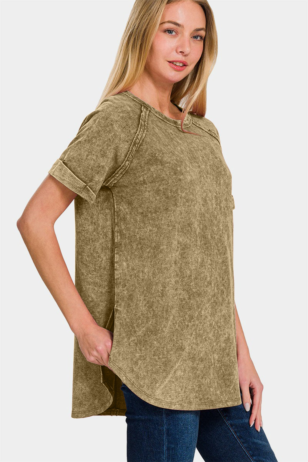 Zenana Heathered Round Neck Short Sleeve TopThe Heathered Round Neck Short Sleeve Blouse is a versatile and timeless piece that belongs in every wardrobe. With its heathered texture and round neckline, this bl