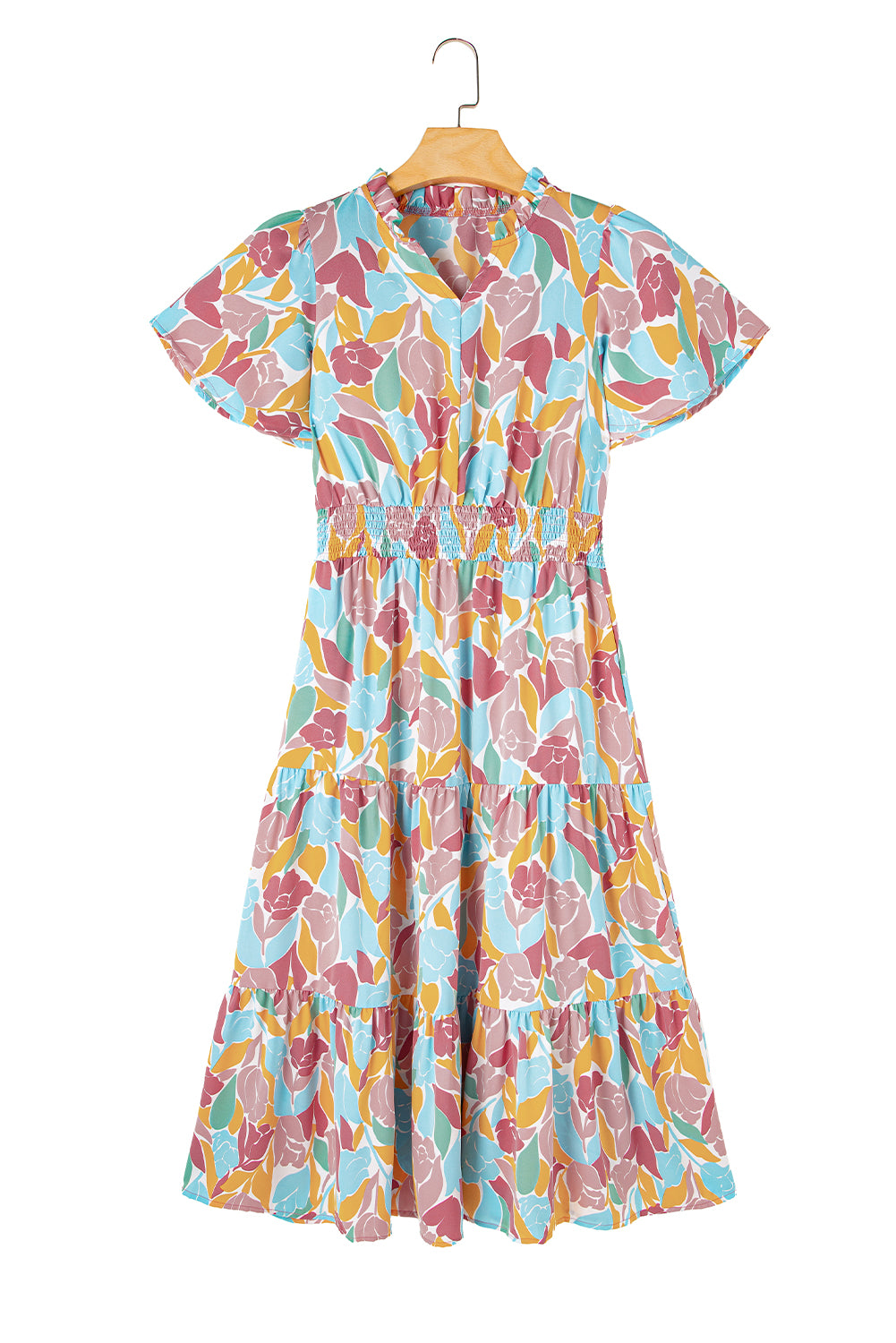 Rose Floral Flounce Sleeve Smocked Waist Tiered Maxi DressMaterial:100%Polyester

• Exude bohemian elegance in this maxi dress, featuring a smocked waist for a flattering silhouette.
• The tiered design adds a whimsical t