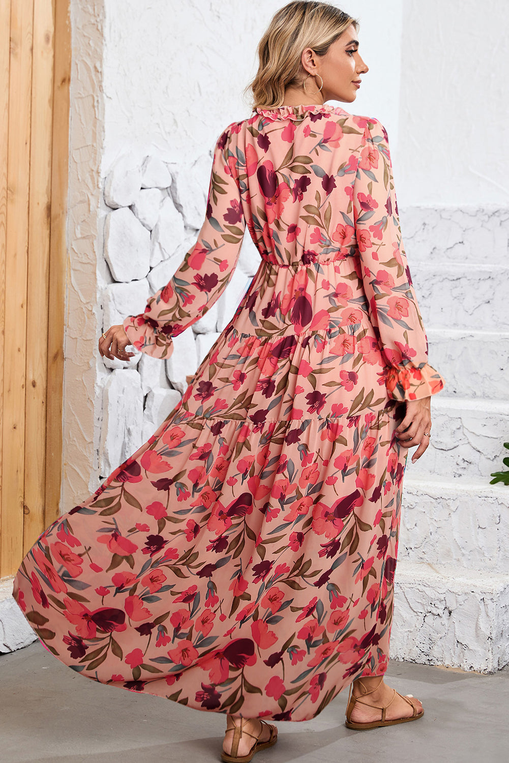 Pastel Red Floral Print Ruffle Trim Plunge Neckline Maxi DressMaterial:100%Polyester

• The maxi dress is a stunning piece that seamlessly blends a bold red hue with delicate floral patterns for a captivating look.
• The Plun