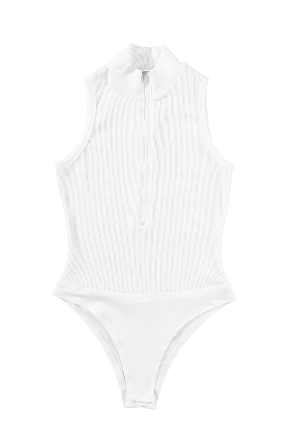 White Zip Up Mock Neck Ribbed Sleeveless BodysuitMaterial:95%Polyester+5%Elastane



		The zip-up feature of this chic bodysuit provides convenient on and off access. 
	
	
		Adding a touch of sophistication an