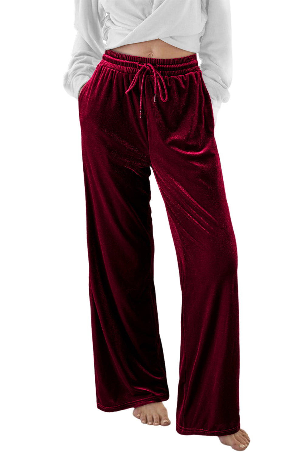 Burgundy Solid Drawstring Waist Wide Leg PantsMaterial:95%Polyester+5%Elastane

• Luxurious burgundy color adds a touch of sophistication to these wide-leg pants, suitable for both casual outings and formal eve