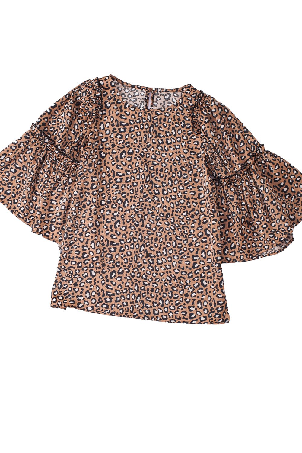 Chestnut Leopard Ruffle Flounce Sleeve BlouseMaterial:97%Polyester+3%Elastane



		The blouse is a stylish and feminine top featuring a trendy leopard print and flounce sleeves, adding a touch of flair to you