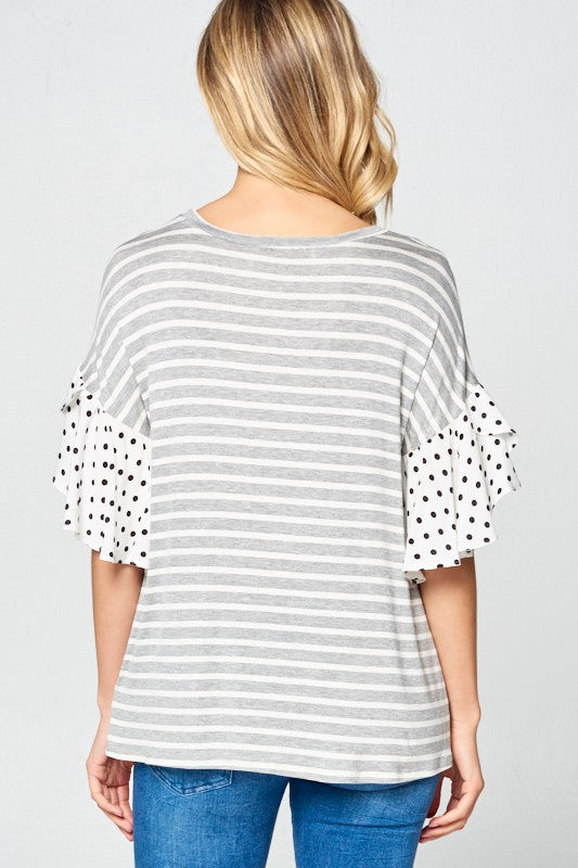 PLUS POLKA DOT RUFFLE SLEEVE TOPSTRIPE JERSEY WOVEN POLKA DOT MIX AND MATCH ROUND NECK RUFFLE SLEEVE PLUS TOP95% RAYON, 5% SPANDEX MADE IN USA1X/2X/3X 2-2-2
Style: Casual
Print / Pattern: STRIPE an