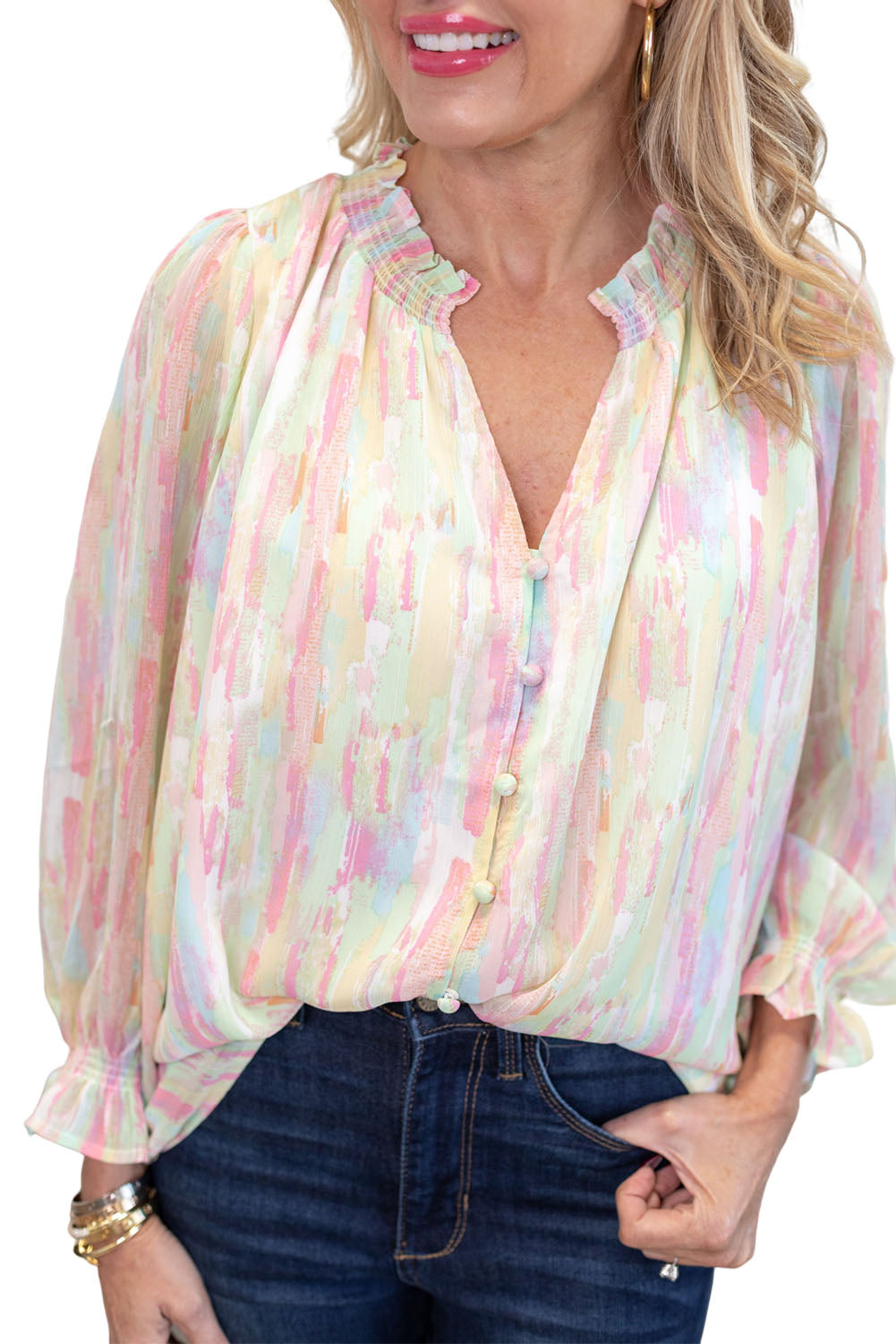 Multicolor Abstract Print Frilled Buttoned Long Sleeve BlouseMaterial:100%Polyester



		This pretty frilled blouse will dress up your wardrobe
	
	
		Featured with a notched V-neck, long sleeves, buttons and breathable fa