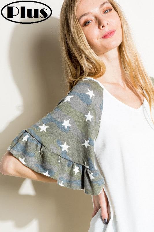 PLUS SOLID CAMO MIX RUFFLED SL TOPFRENCH TERRY SOLID AND CAMOUFLAGE PRINT MIXED V NECK RUFFLED HALF SLEEVE PLUS TOP
Style: Casual
Print / Pattern: SOLID &amp; CAMOUFLAGE PRINT
Fit: Loose
Neck Line: V