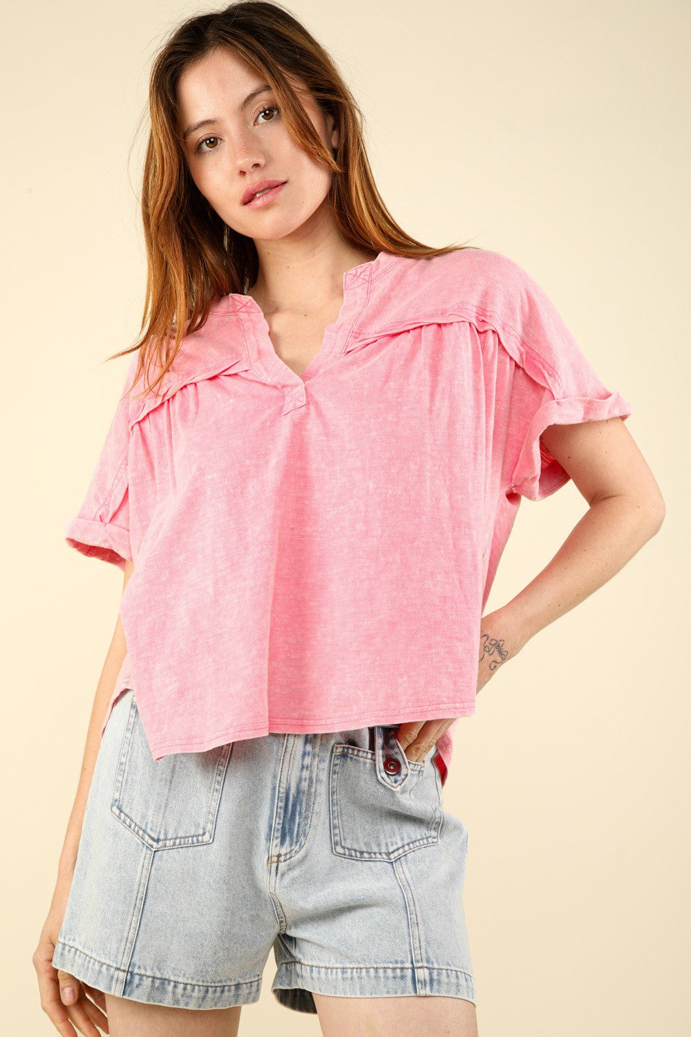 VERY J Nochted Short Sleeve Washed T-ShirtThe Notched Washed Knit Top features a stylish washed knit fabric for a laid-back yet trendy look. The short folded sleeves add a casual touch to the top, perfect fo